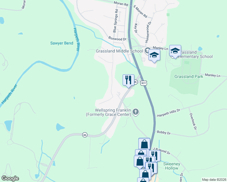 map of restaurants, bars, coffee shops, grocery stores, and more near 1104 Blue Springs Road in Franklin