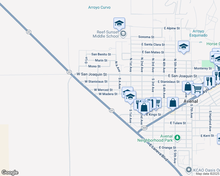 map of restaurants, bars, coffee shops, grocery stores, and more near 201 South B Avenue in Avenal