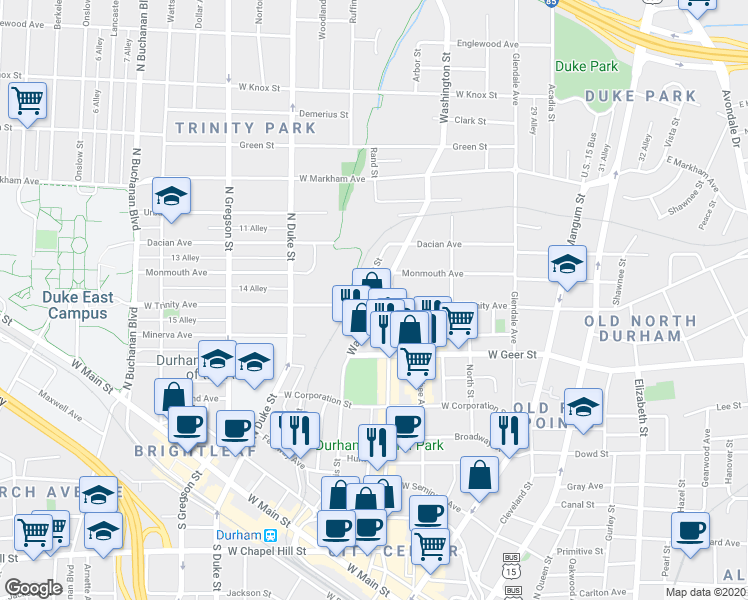 map of restaurants, bars, coffee shops, grocery stores, and more near 901 Washington Street in Durham