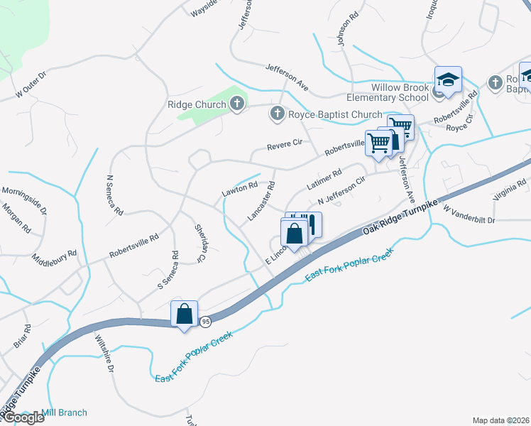 map of restaurants, bars, coffee shops, grocery stores, and more near 130 Lancaster Road in Oak Ridge
