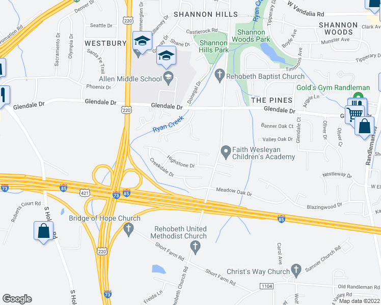 map of restaurants, bars, coffee shops, grocery stores, and more near 1100 Quinlan Drive in Greensboro