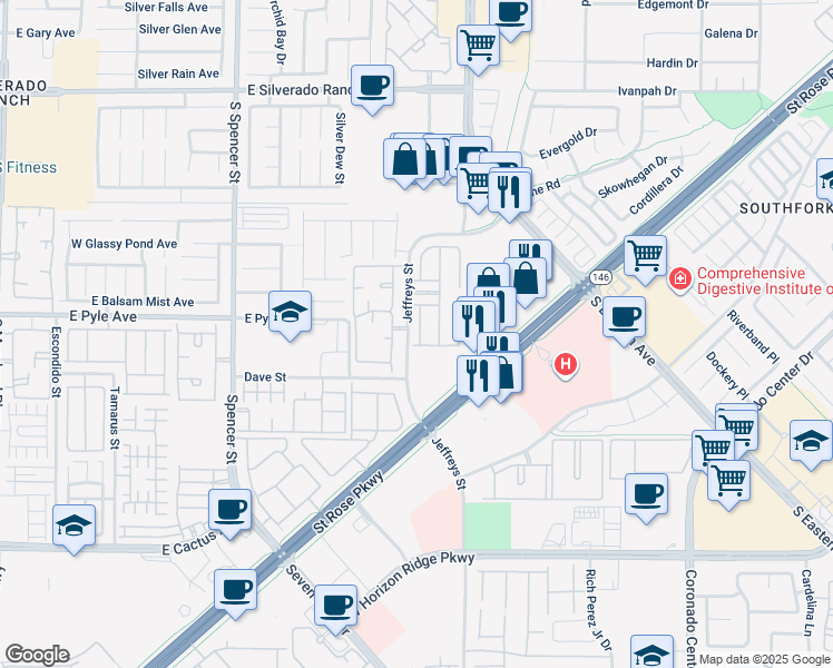 map of restaurants, bars, coffee shops, grocery stores, and more near 10108 Sunset Palisades Way in Las Vegas