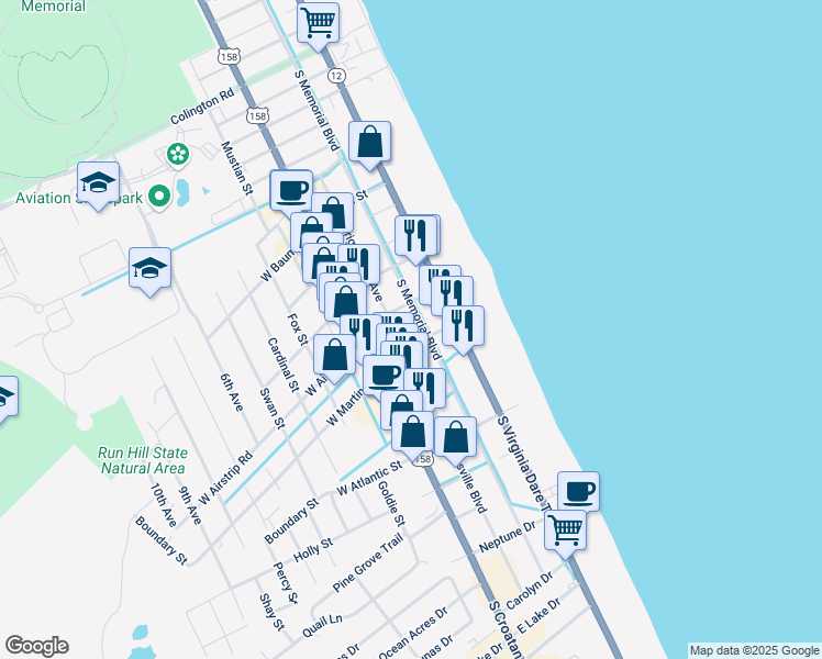 map of restaurants, bars, coffee shops, grocery stores, and more near 1200-1204 South Memorial Boulevard in Kill Devil Hills