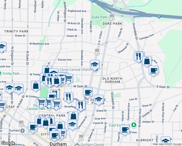 map of restaurants, bars, coffee shops, grocery stores, and more near 1004 North Mangum Street in Durham