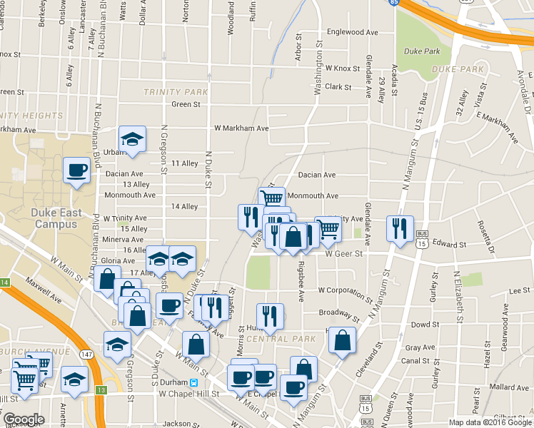 map of restaurants, bars, coffee shops, grocery stores, and more near 402 West Trinity Avenue in Durham