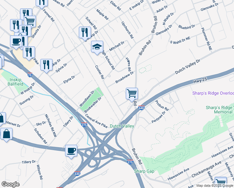 map of restaurants, bars, coffee shops, grocery stores, and more near 407 Sharp Lane Northeast in Knoxville