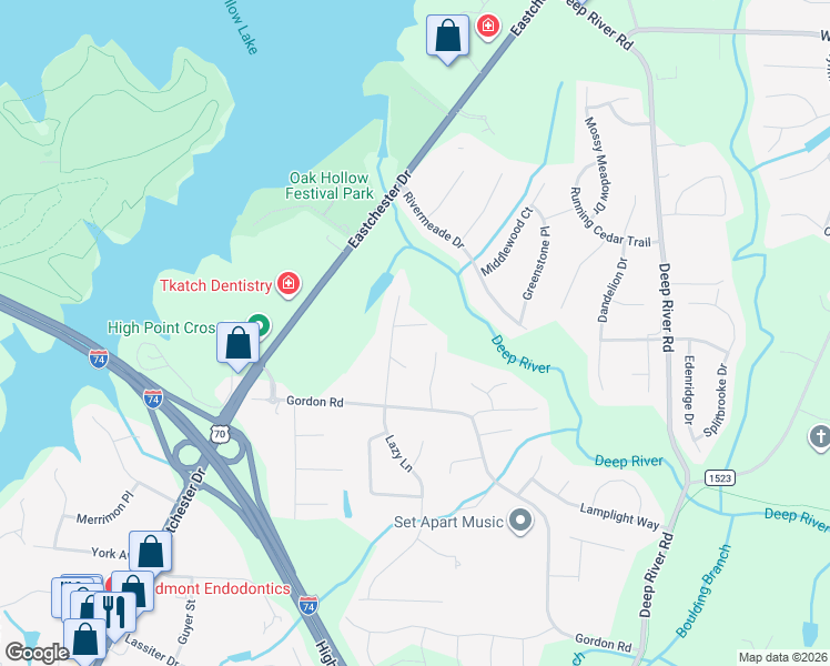 map of restaurants, bars, coffee shops, grocery stores, and more near 1900 Lazy Lane in High Point