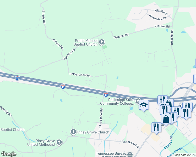 map of restaurants, bars, coffee shops, grocery stores, and more near 850 Union School Road in Knoxville
