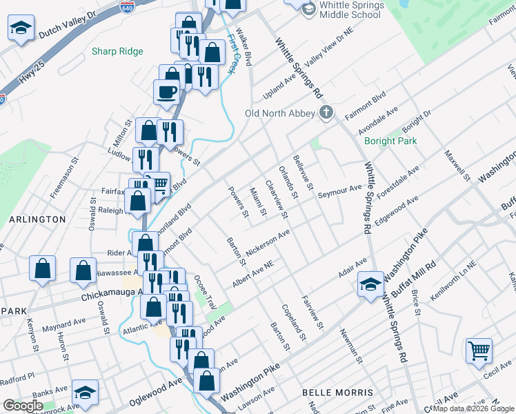 map of restaurants, bars, coffee shops, grocery stores, and more near 3321 Miami Street in Knoxville