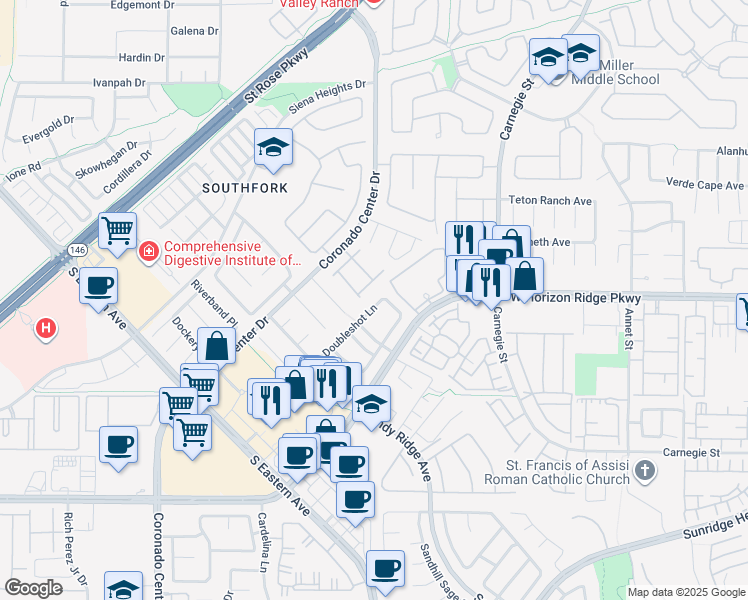 map of restaurants, bars, coffee shops, grocery stores, and more near 609 Doubleshot Lane in Henderson
