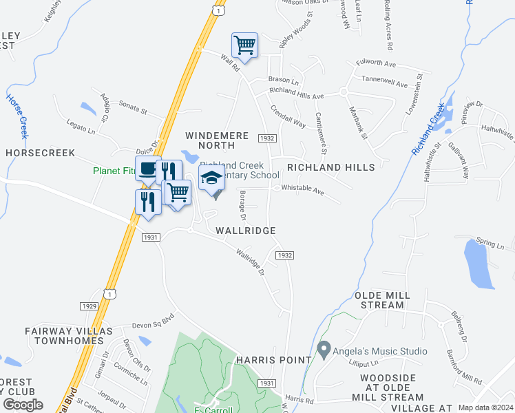 map of restaurants, bars, coffee shops, grocery stores, and more near 709 Marjoram Court in Wake Forest