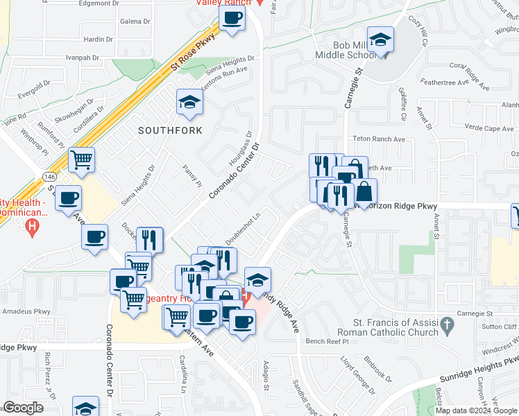 map of restaurants, bars, coffee shops, grocery stores, and more near 609 Doubleshot Lane in Henderson
