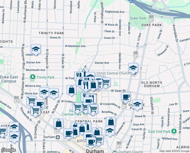 map of restaurants, bars, coffee shops, grocery stores, and more near 314 West Trinity Avenue in Durham