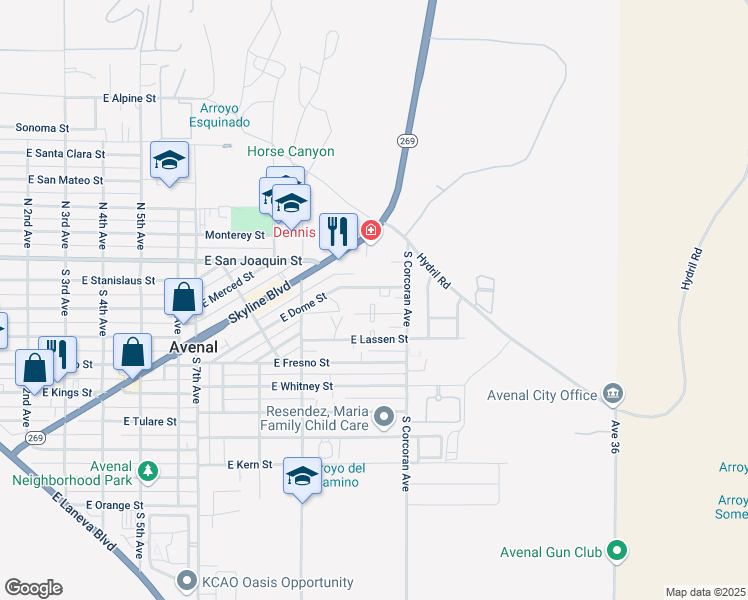 map of restaurants, bars, coffee shops, grocery stores, and more near 1012 East Dome Street in Avenal