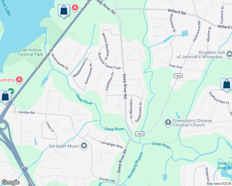 map of restaurants, bars, coffee shops, grocery stores, and more near 3507 Alamosa Drive in High Point