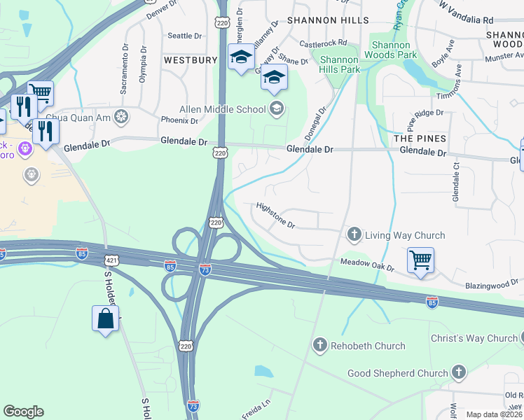 map of restaurants, bars, coffee shops, grocery stores, and more near 1112 Highstone Drive in Greensboro