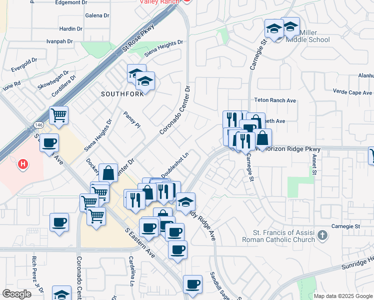 map of restaurants, bars, coffee shops, grocery stores, and more near 609 Doubleshot Lane in Henderson