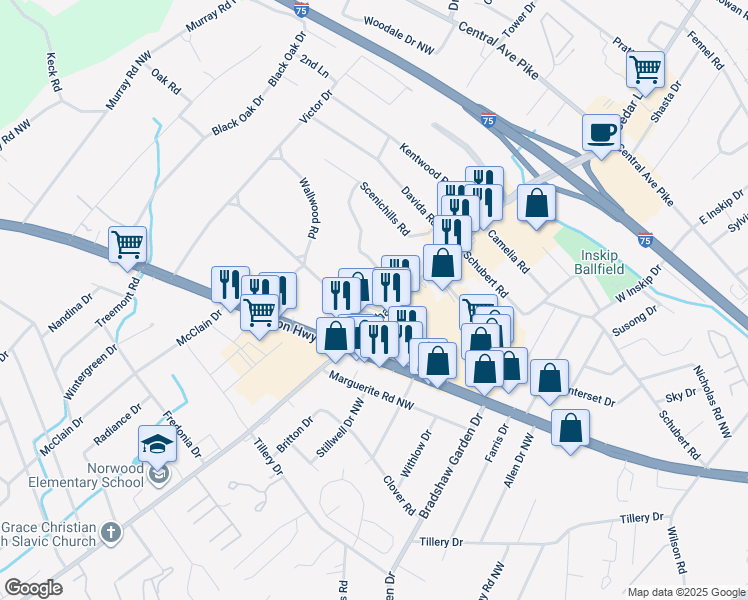 map of restaurants, bars, coffee shops, grocery stores, and more near 5402 Ridgefield Road in Knoxville