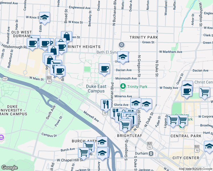 map of restaurants, bars, coffee shops, grocery stores, and more near Epworth Dorm Lane in Durham