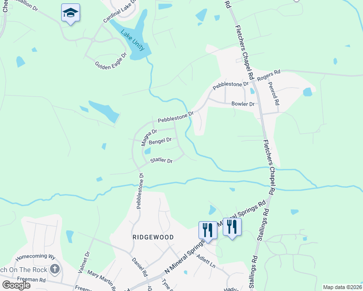 map of restaurants, bars, coffee shops, grocery stores, and more near 2 Fielding Court in Durham