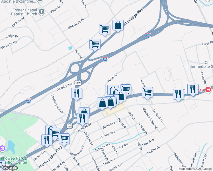 map of restaurants, bars, coffee shops, grocery stores, and more near 304 Nash Road in Knoxville