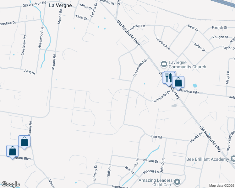 map of restaurants, bars, coffee shops, grocery stores, and more near 211 Centennial Drive in La Vergne