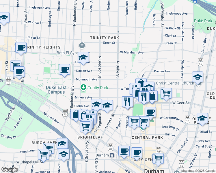 map of restaurants, bars, coffee shops, grocery stores, and more near 916 West Trinity Avenue in Durham