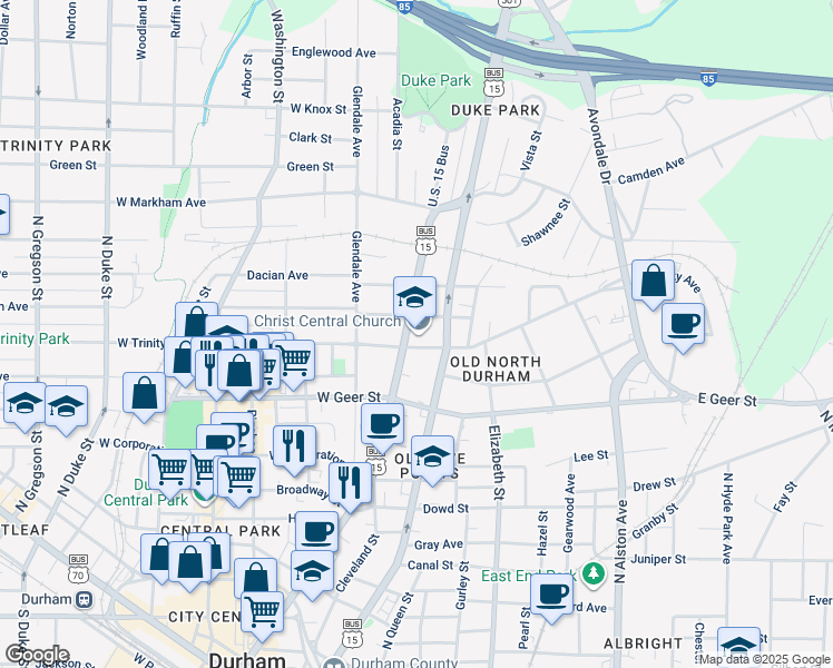 map of restaurants, bars, coffee shops, grocery stores, and more near 1004 North Mangum Street in Durham