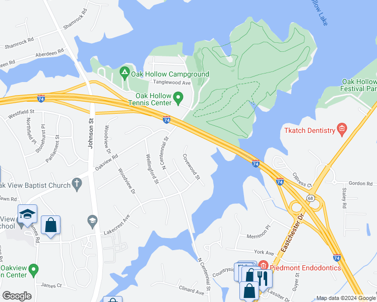 map of restaurants, bars, coffee shops, grocery stores, and more near 3120 Covewood Street in High Point