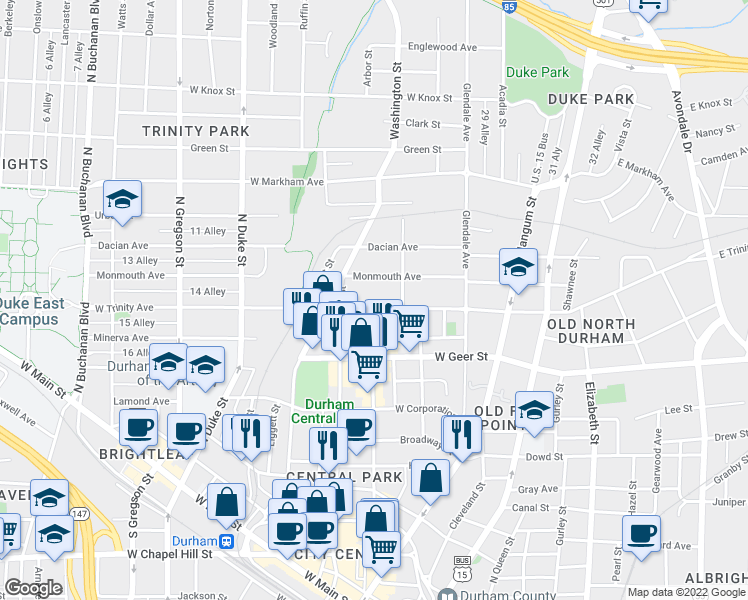 map of restaurants, bars, coffee shops, grocery stores, and more near 310 West Trinity Avenue in Durham