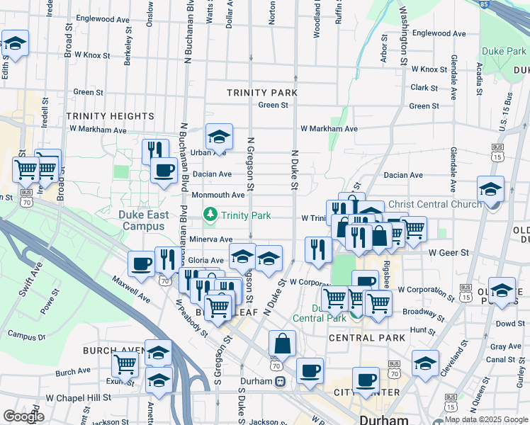 map of restaurants, bars, coffee shops, grocery stores, and more near 920 West Trinity Avenue in Durham