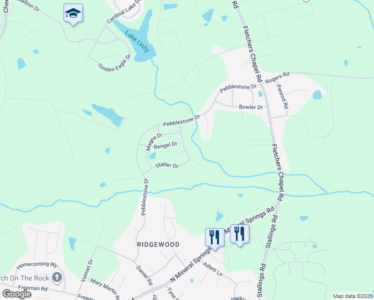 map of restaurants, bars, coffee shops, grocery stores, and more near 2 Fielding Court in Durham