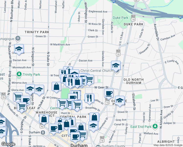 map of restaurants, bars, coffee shops, grocery stores, and more near 230 West Trinity Avenue in Durham
