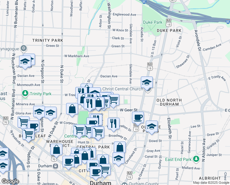 map of restaurants, bars, coffee shops, grocery stores, and more near 230 West Trinity Avenue in Durham
