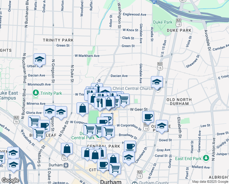 map of restaurants, bars, coffee shops, grocery stores, and more near 310 West Trinity Avenue in Durham