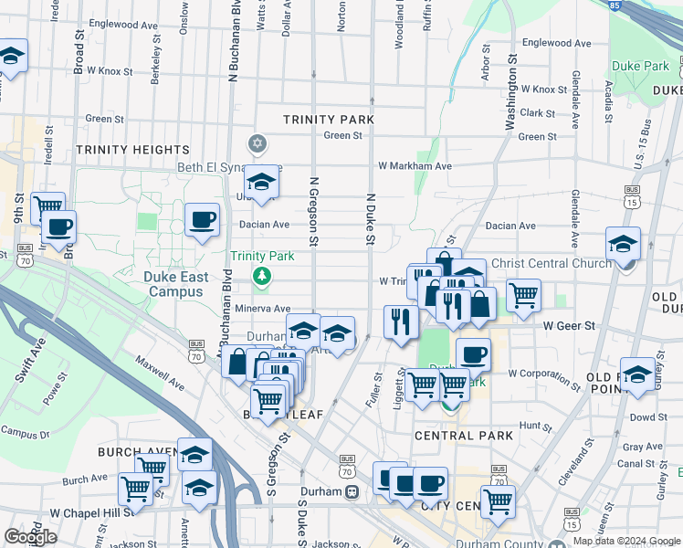 map of restaurants, bars, coffee shops, grocery stores, and more near 920 West Trinity Avenue in Durham