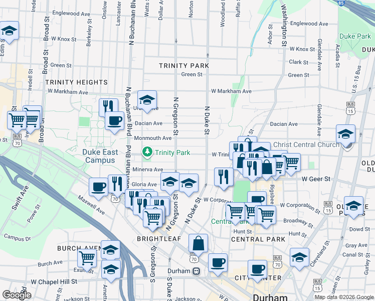 map of restaurants, bars, coffee shops, grocery stores, and more near 920 West Trinity Avenue in Durham