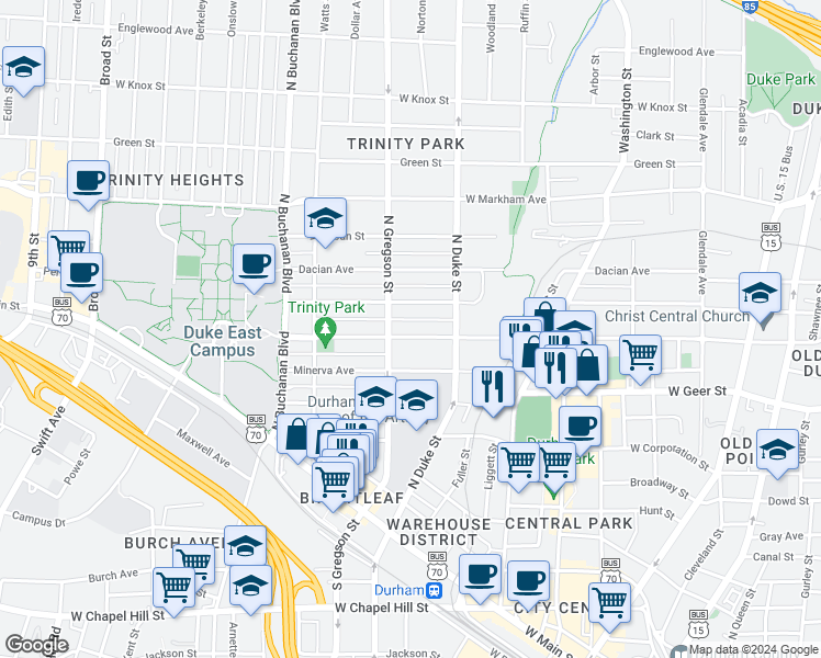 map of restaurants, bars, coffee shops, grocery stores, and more near 920 West Trinity Avenue in Durham