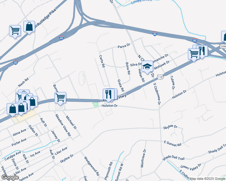 map of restaurants, bars, coffee shops, grocery stores, and more near 170 Carta Road in Knoxville