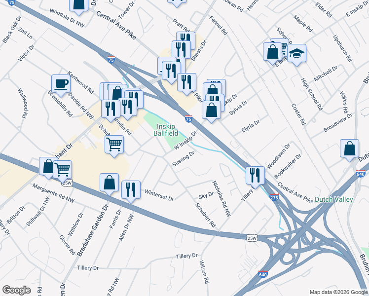 map of restaurants, bars, coffee shops, grocery stores, and more near 212 West Inskip Drive in Knoxville