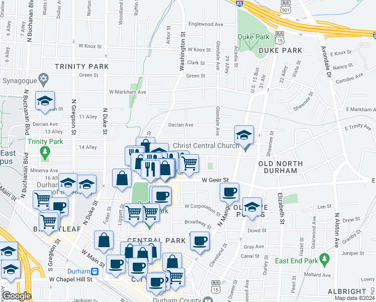 map of restaurants, bars, coffee shops, grocery stores, and more near 230 West Trinity Avenue in Durham