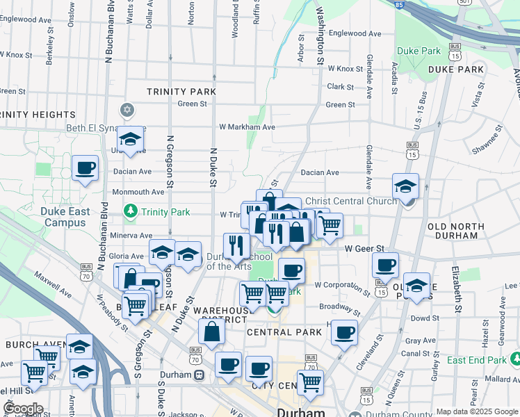 map of restaurants, bars, coffee shops, grocery stores, and more near 905 Orient Street in Durham