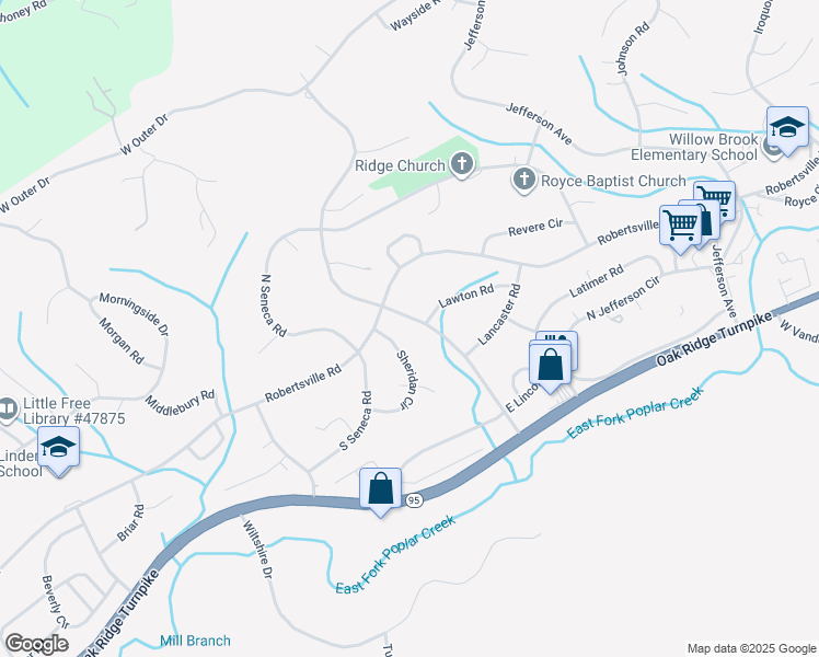 map of restaurants, bars, coffee shops, grocery stores, and more near 193 Louisiana Avenue in Oak Ridge
