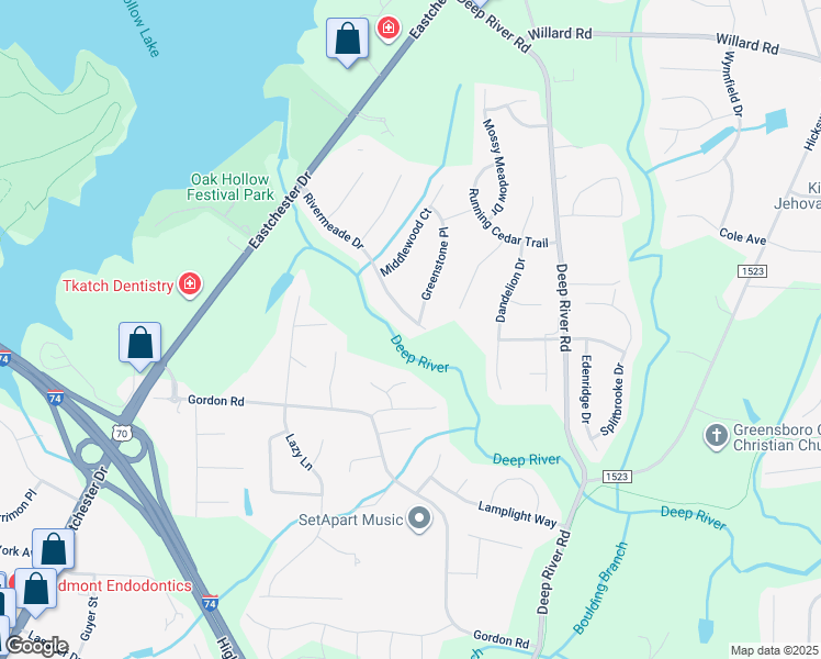 map of restaurants, bars, coffee shops, grocery stores, and more near 2117 Rivermeade Drive in High Point