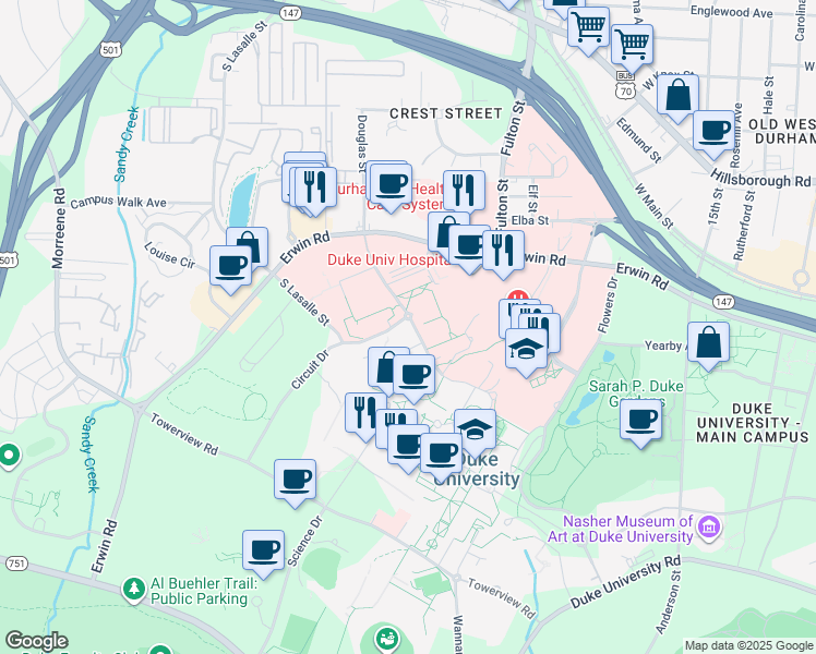 map of restaurants, bars, coffee shops, grocery stores, and more near 306 Research Drive in Durham