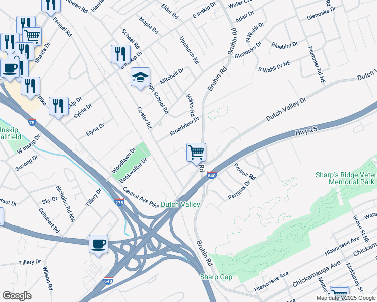 map of restaurants, bars, coffee shops, grocery stores, and more near 4214 Iona Way in Knoxville