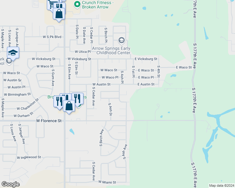 map of restaurants, bars, coffee shops, grocery stores, and more near 213 West Birmingham Street in Broken Arrow
