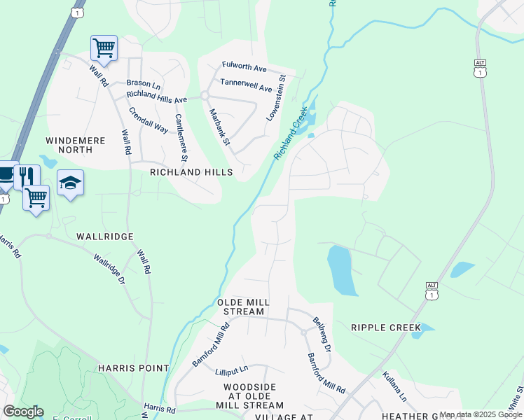 map of restaurants, bars, coffee shops, grocery stores, and more near 621 Houndsditch Circle in Wake Forest