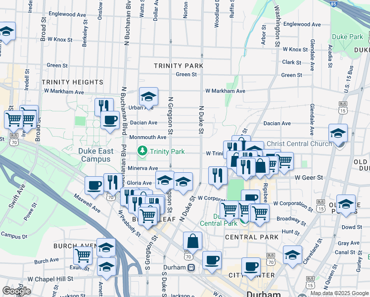 map of restaurants, bars, coffee shops, grocery stores, and more near 916 West Trinity Avenue in Durham