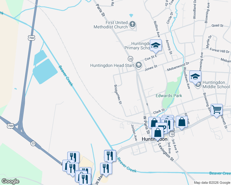 map of restaurants, bars, coffee shops, grocery stores, and more near 111 Drew Court in Huntingdon